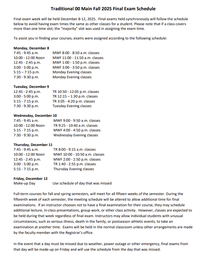 Fall 2025 Final Exam Schedule